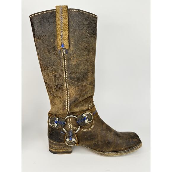 Bed|Stü Womens Leather Harness Boots 7 Brown Distressed Western Moto Made In Mex - Picture 3 of 12